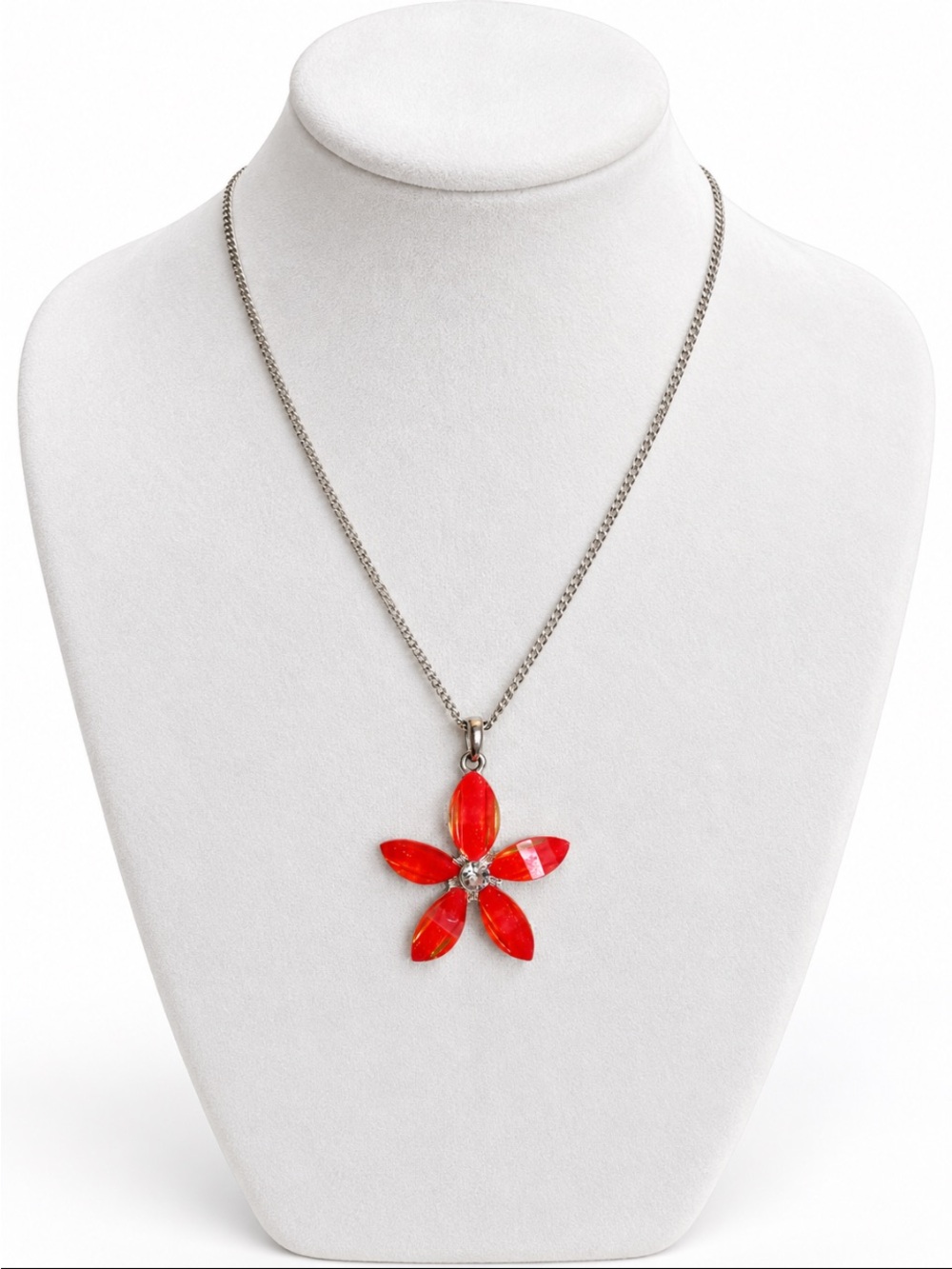 Red/Orange Faceted Flower Pendant Necklace Silver-Tone Chain Rhinestone Center